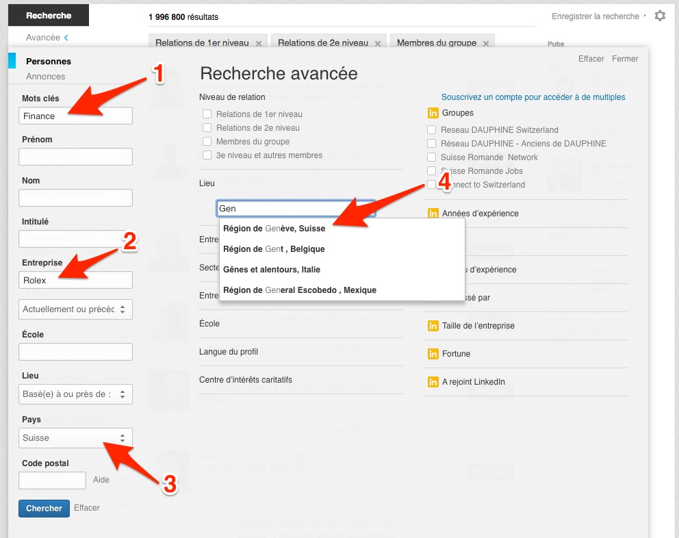 Exemple d'utilisation des fonctions avancées de recherche LinkedIn